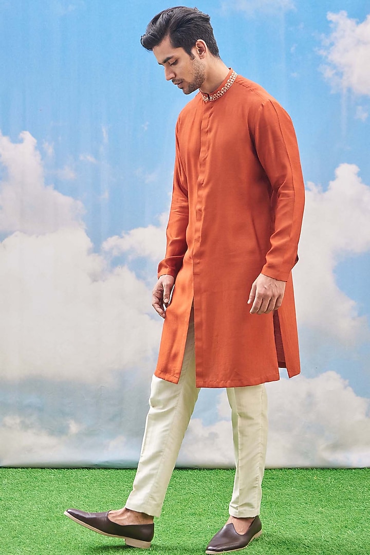 Rust Orange Silk Viscose Blend Kurta Set by TISASTUDIO at Pernia's Pop Up Shop