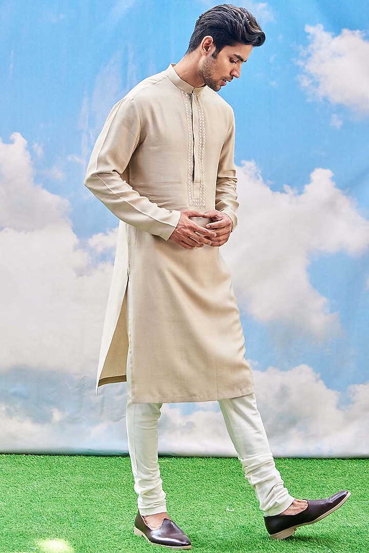 Beige Embroidered Kurta Set by TISASTUDIO at Pernia's Pop Up Shop
