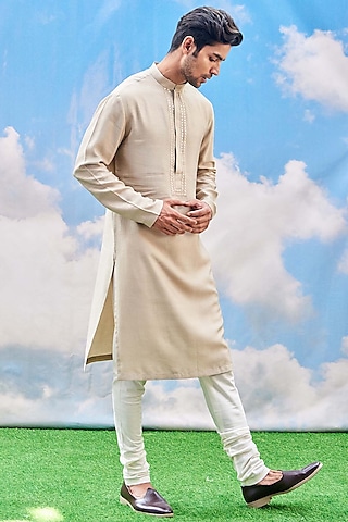 Beige Silk Viscose Blend Kurta Set by TISASTUDIO