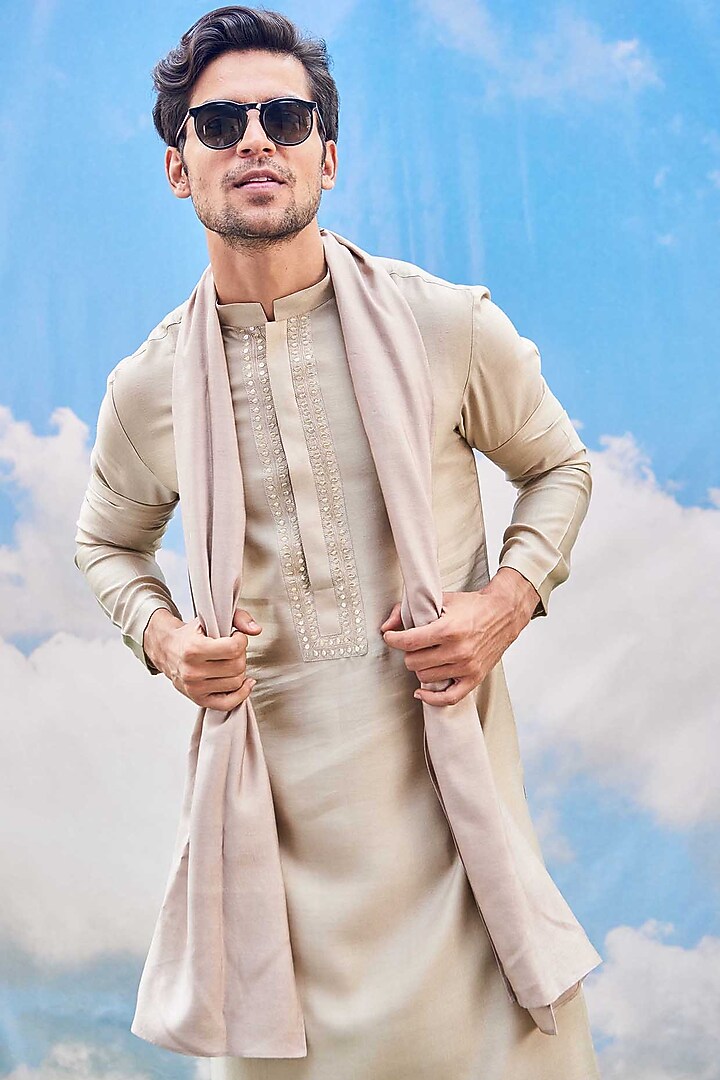 Beige Silk Viscose Blend Kurta Set by TISASTUDIO at Pernia's Pop Up Shop