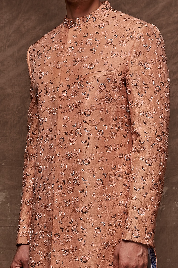 Peach Embroidered Groom Sherwani Set by TISASTUDIO at Pernia's Pop Up Shop