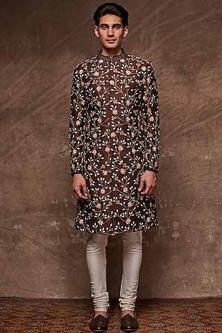 Brown Embroidered Sherwani Set by TISASTUDIO