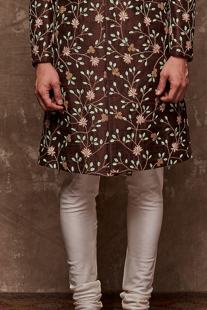 Brown Embroidered Groom Sherwani Set by TISASTUDIO at Pernia's Pop Up Shop