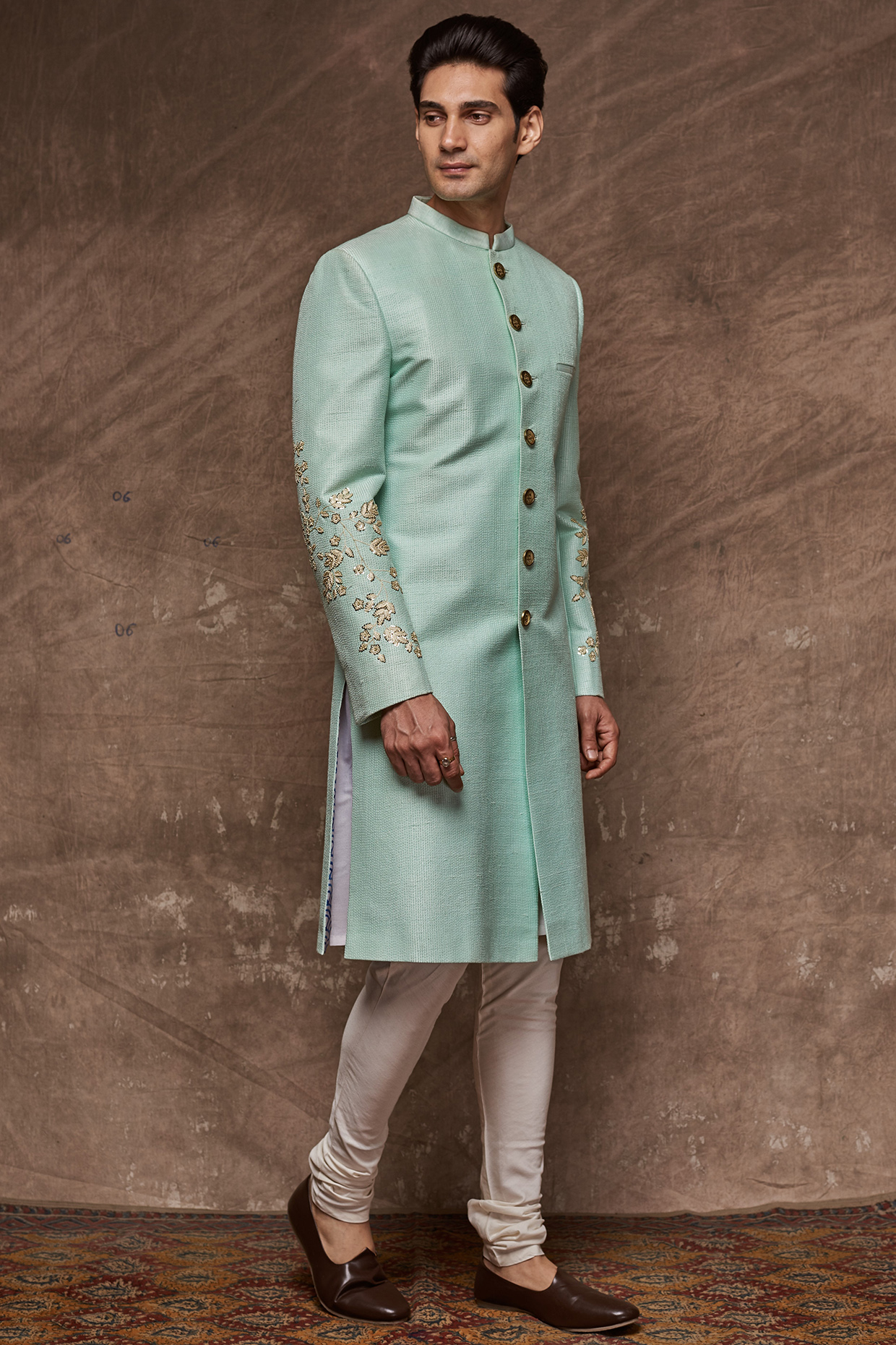 Sea Green Embroidered Sherwani Set by TISASTUDIO
