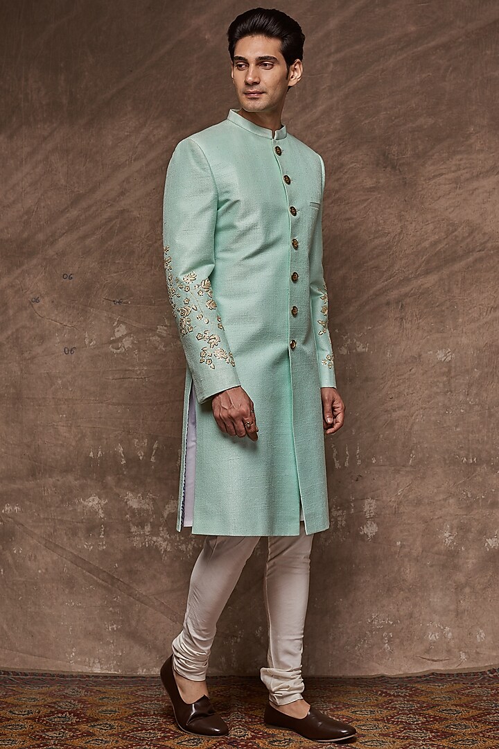 Sea Green Embroidered Sherwani Set by TISASTUDIO