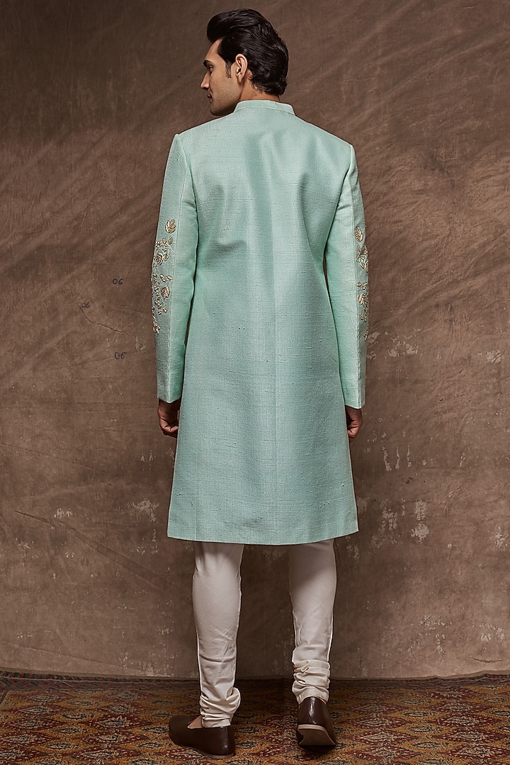 Sea Green Embroidered Groom Sherwani Set by TISASTUDIO at Pernia's Pop Up Shop