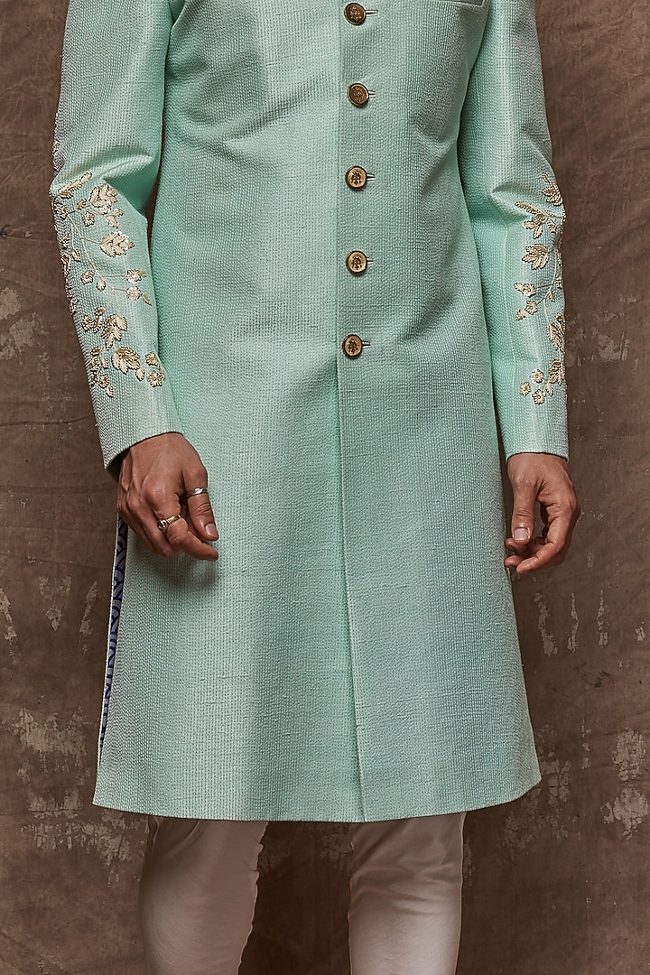 Sea Green Embroidered Groom Sherwani Set by TISASTUDIO at Pernia's Pop Up Shop