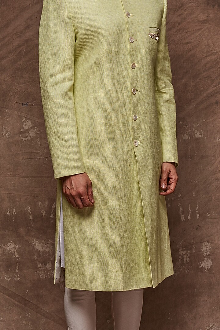 Lime Green Embroidered Groom Sherwani Set by TISASTUDIO at Pernia's Pop Up Shop