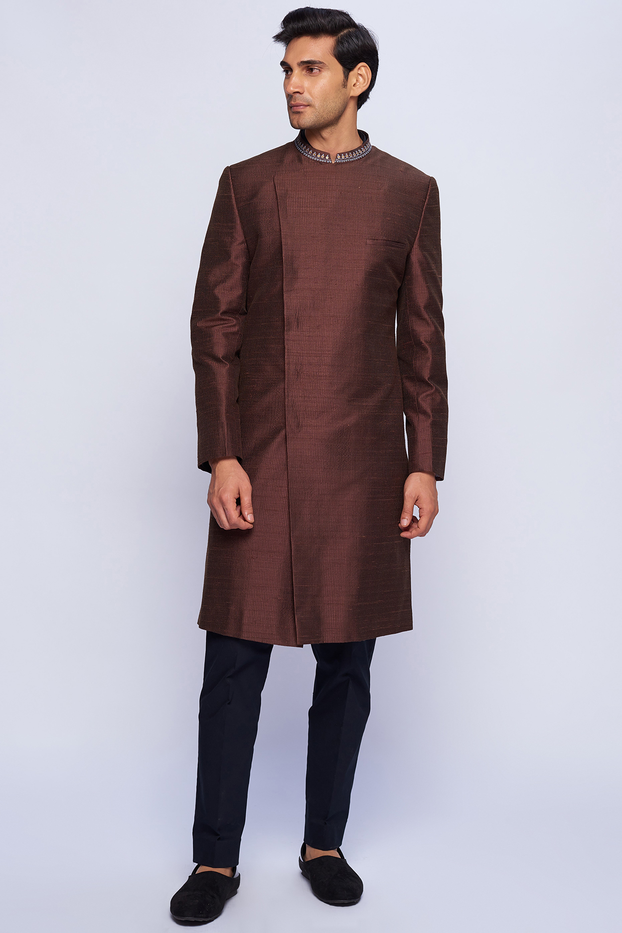 Brown Silk Embroidered Sherwani by TISASTUDIO
