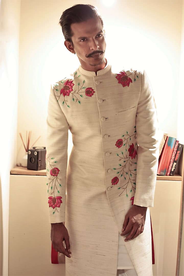 White Lotus Embroidered Groom Sherwani Set by TISASTUDIO at Pernia's Pop Up Shop