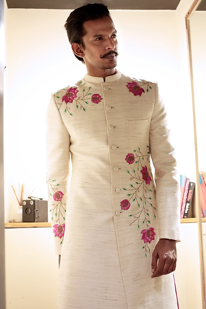 White Lotus Embroidered Groom Sherwani Set by TISASTUDIO at Pernia's Pop Up Shop