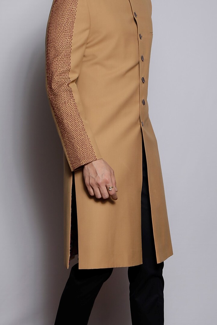 Khaki Suiting Embroidered Wedding Sherwani by TISASTUDIO at Pernia's Pop Up Shop