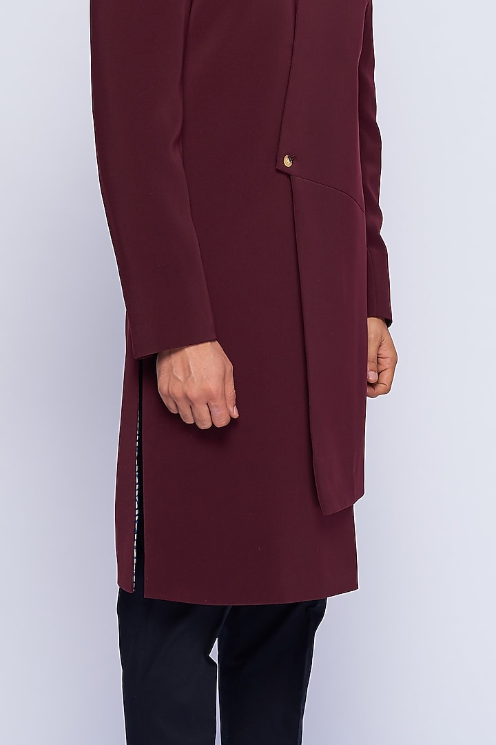 Burgundy Asymmetric Wedding Sherwani by TISASTUDIO at Pernia's Pop Up Shop