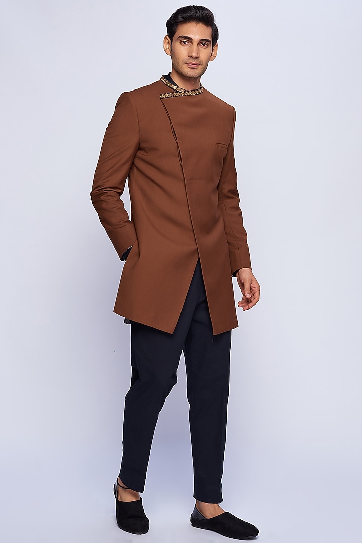 Chocolate Brown Suiting Wedding Sherwani by TISASTUDIO at Pernia's Pop Up Shop