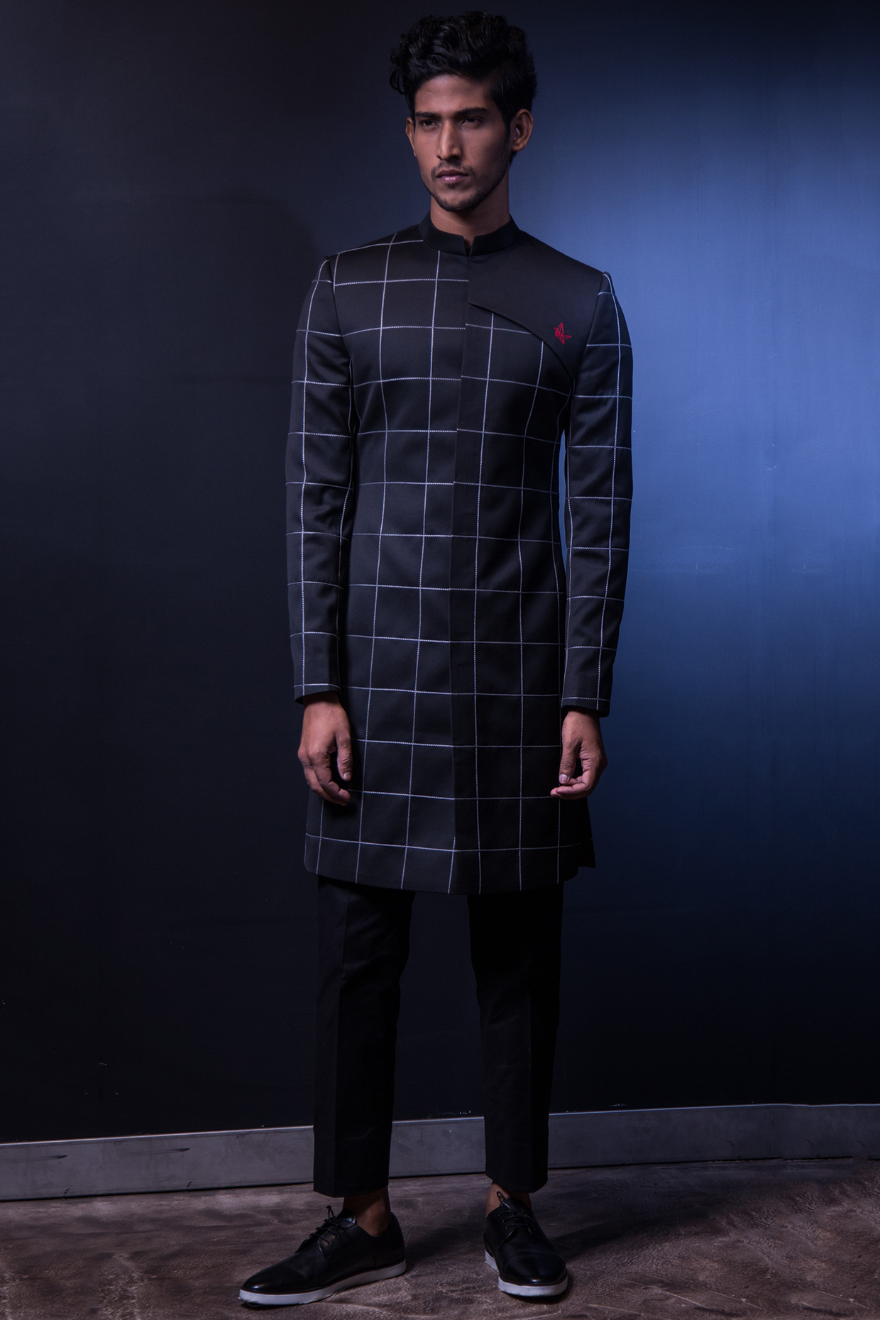 Black Sherwani With Embroidered Checks by TISASTUDIO