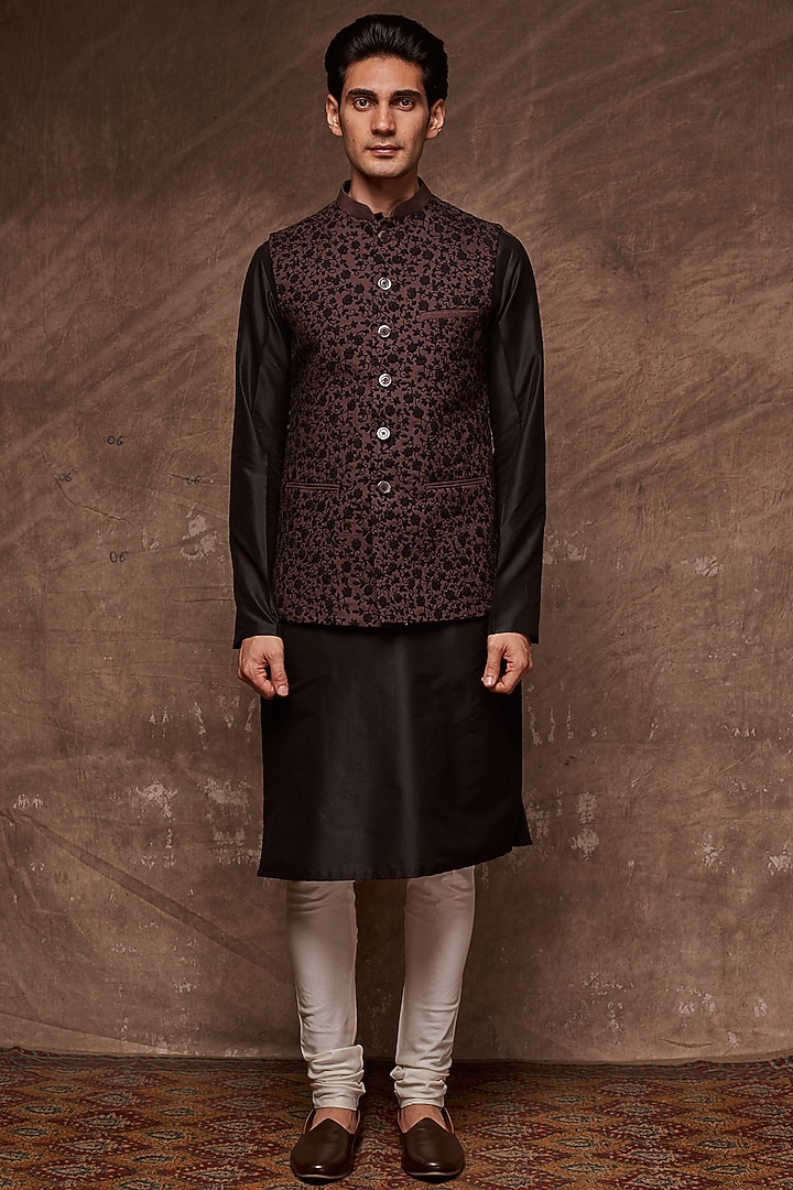 Brown & Beige Embroidered Bundi Jacket by TISASTUDIO at Pernia's Pop Up Shop