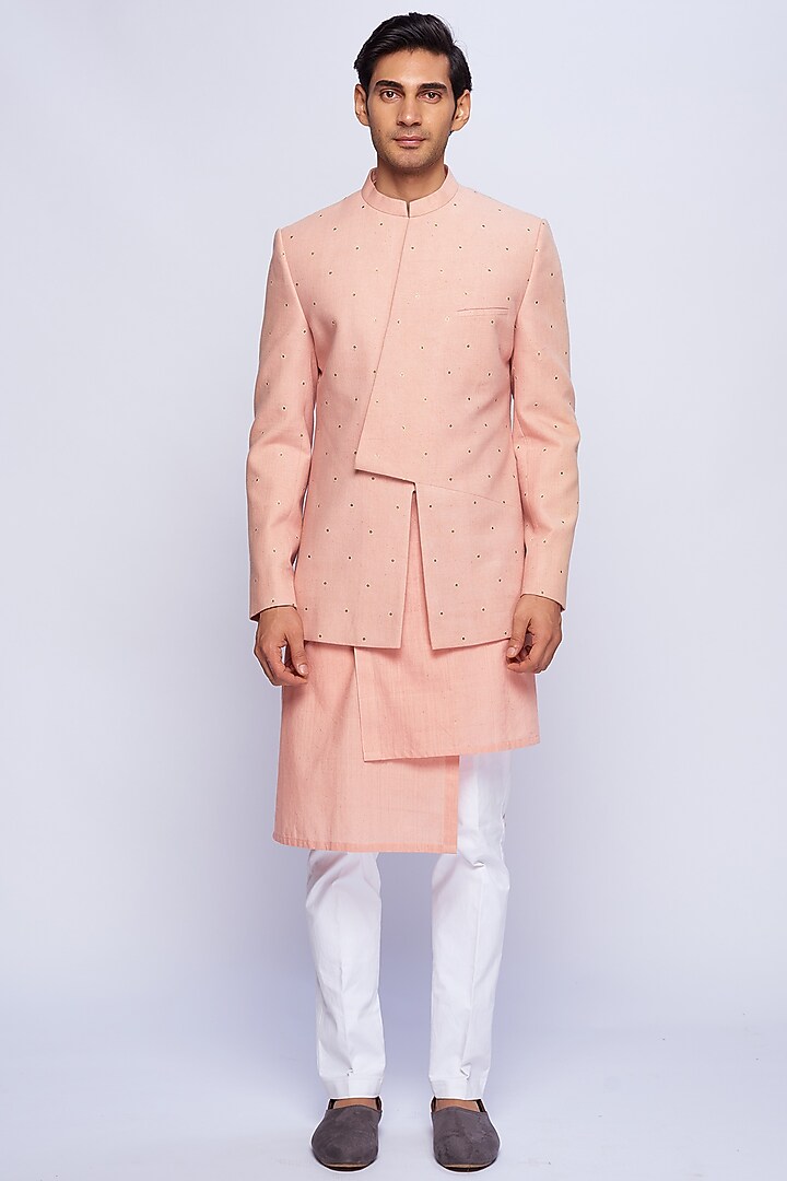 Dusty Pink Organic Cotton Embroidered Asymmetric Groom Indowestern Set by TISASTUDIO at Pernia's Pop Up Shop