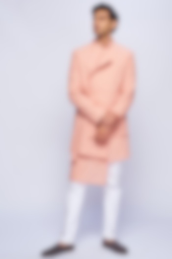 Dusty Pink Organic Cotton Motif Asymmetric Groom Indowestern Set by TISASTUDIO at Pernia's Pop Up Shop