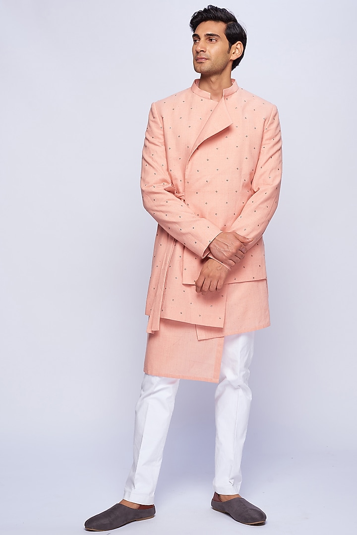Dusty Pink Organic Cotton Motif Asymmetric Groom Indowestern Set by TISASTUDIO at Pernia's Pop Up Shop