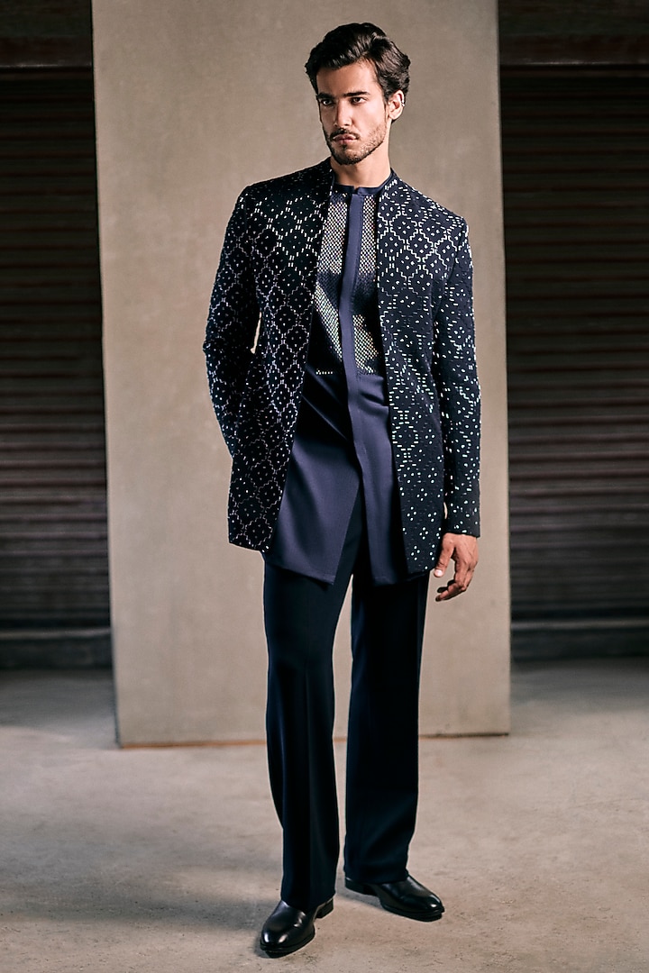 Midnight Blue Viscose Polyester Embroidered Groom Indowestern Set by TISASTUDIO at Pernia's Pop Up Shop