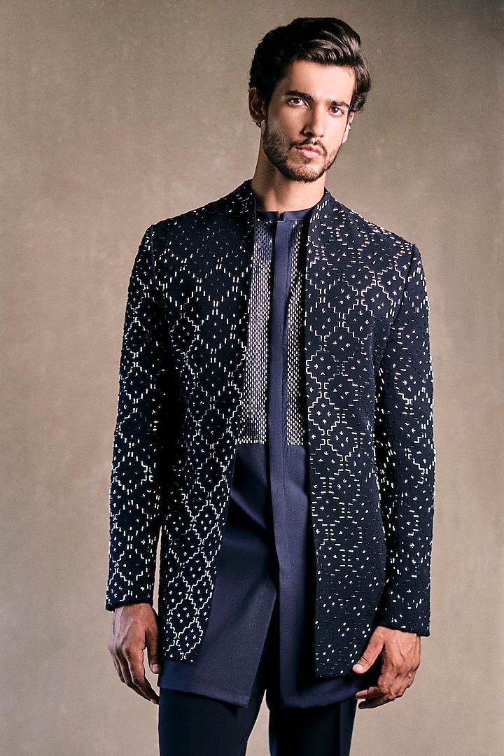 Midnight Blue Viscose Polyester Embroidered Groom Indowestern Set by TISASTUDIO at Pernia's Pop Up Shop
