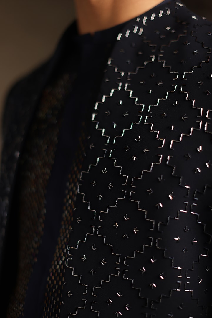 Midnight Blue Viscose Polyester Embroidered Groom Indowestern Set by TISASTUDIO at Pernia's Pop Up Shop