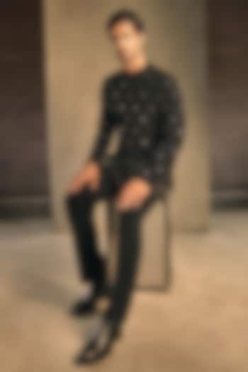 Black Viscose Polyester Embroidered Groom Bandhgala Set by TISASTUDIO at Pernia's Pop Up Shop