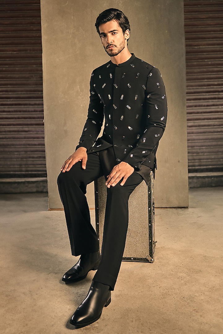 Black Viscose Polyester Embroidered Groom Bandhgala Set by TISASTUDIO at Pernia's Pop Up Shop
