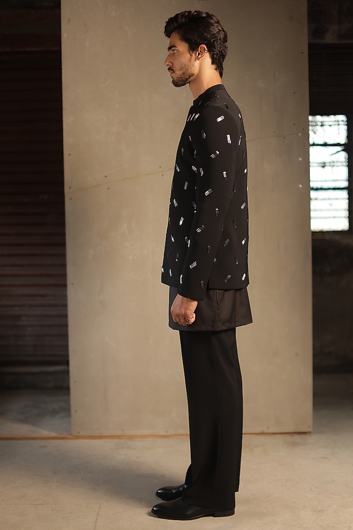 Black Viscose Polyester Embroidered Groom Bandhgala Set by TISASTUDIO at Pernia's Pop Up Shop
