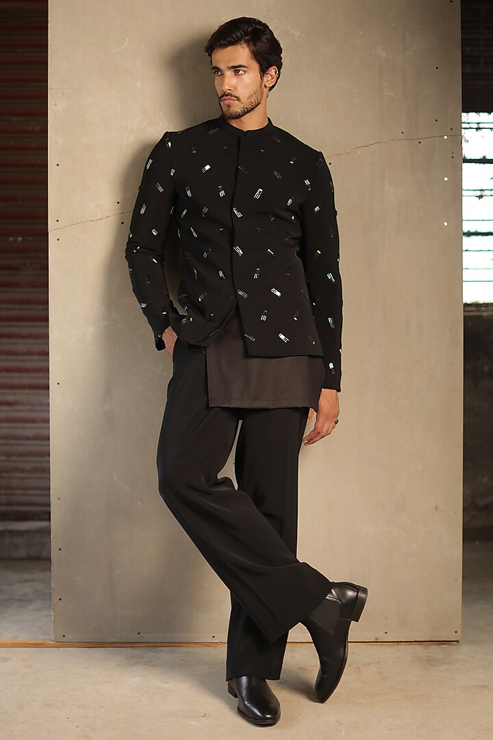 Black Viscose Polyester Embroidered Groom Bandhgala Set by TISASTUDIO at Pernia's Pop Up Shop