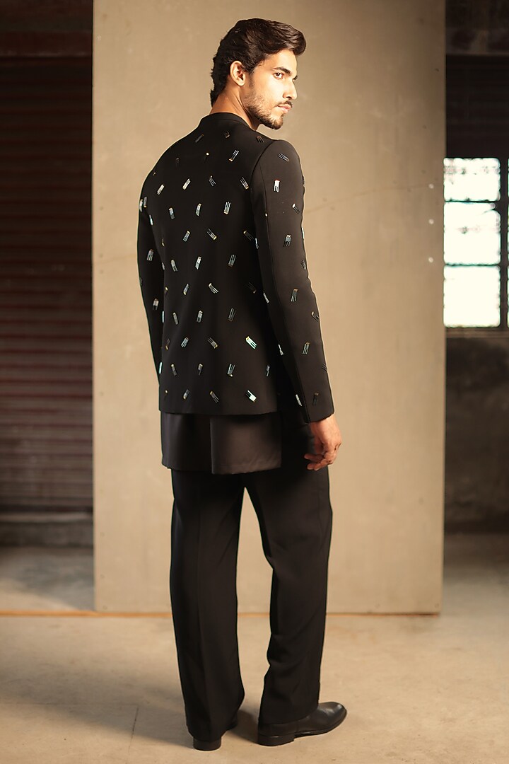 Black Viscose Polyester Embroidered Groom Bandhgala Set by TISASTUDIO at Pernia's Pop Up Shop