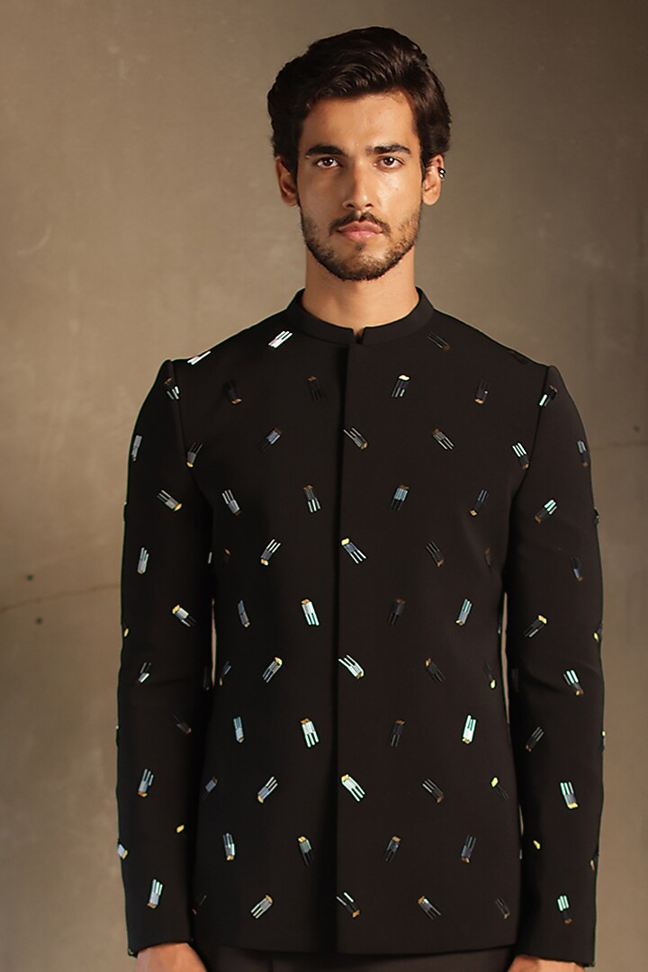 Black Viscose Polyester Embroidered Groom Bandhgala Set by TISASTUDIO at Pernia's Pop Up Shop