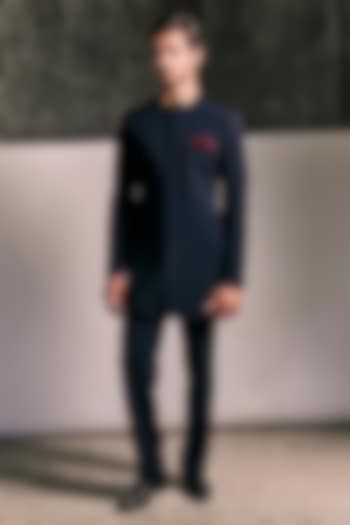 Midnight Blue Viscose Polyester Groom Bandhgala Set by TISASTUDIO at Pernia's Pop Up Shop