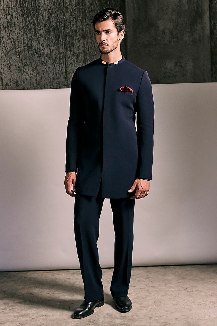 Midnight Blue Viscose Polyester Groom Bandhgala Set by TISASTUDIO at Pernia's Pop Up Shop