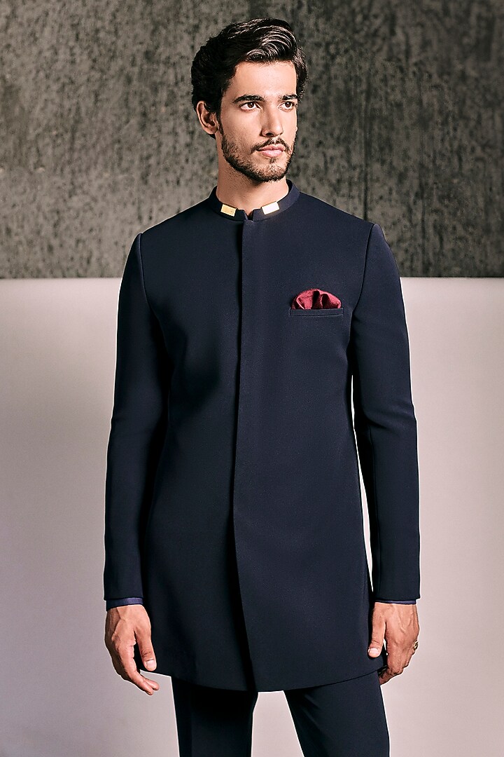 Midnight Blue Viscose Polyester Groom Bandhgala Set by TISASTUDIO at Pernia's Pop Up Shop