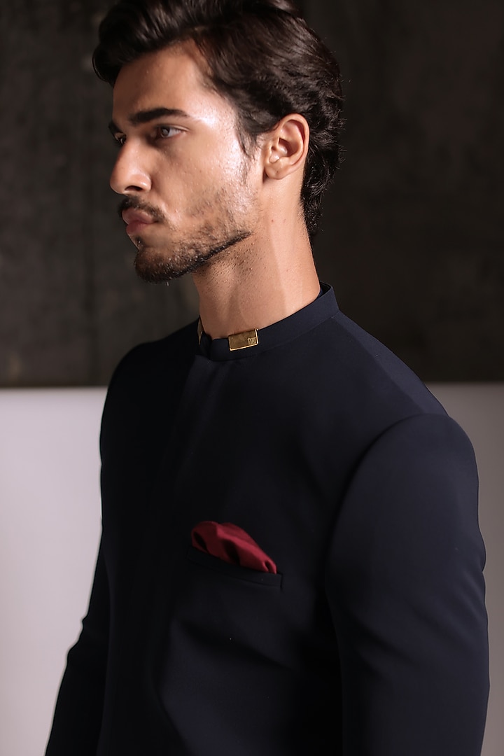 Midnight Blue Viscose Polyester Groom Bandhgala Set by TISASTUDIO at Pernia's Pop Up Shop
