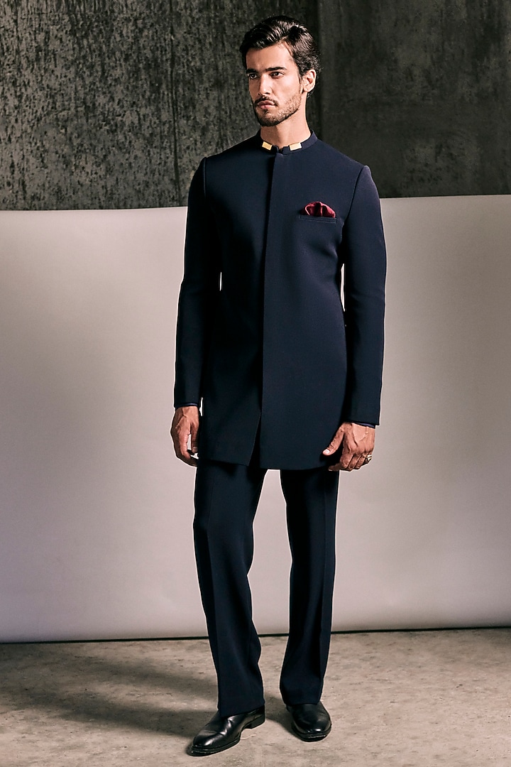 Midnight Blue Viscose Polyester Bandhgala Set by TISASTUDIO