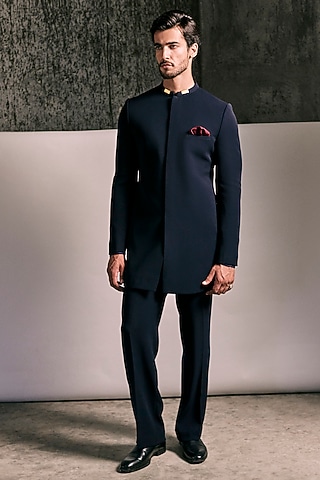 Midnight Blue Viscose Polyester Bandhgala Set by TISASTUDIO