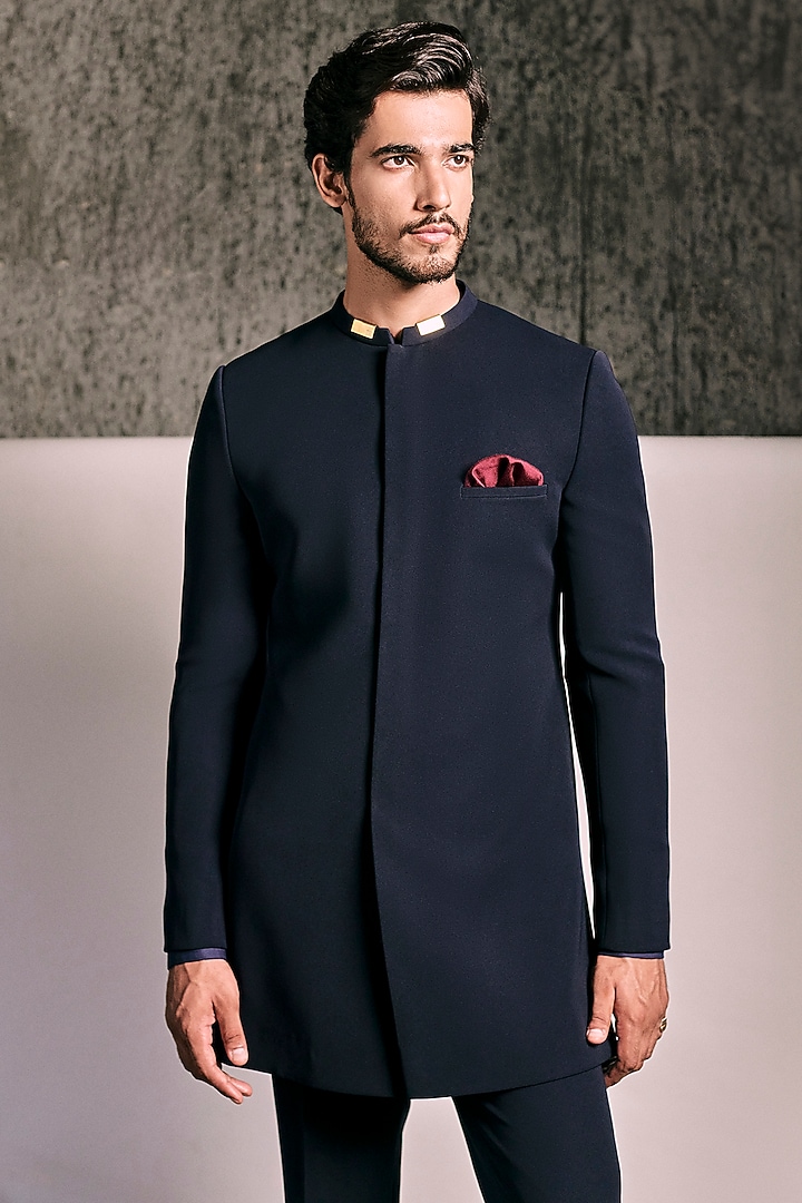 Midnight Blue Viscose Polyester Groom Bandhgala Set by TISASTUDIO at Pernia's Pop Up Shop