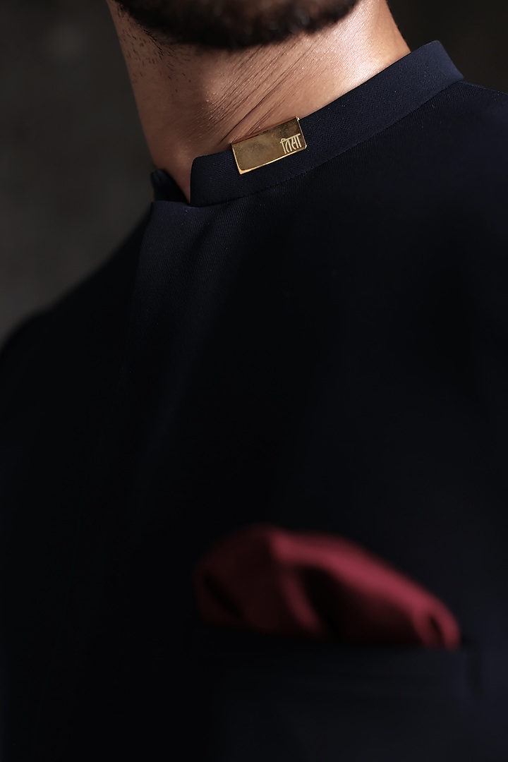 Midnight Blue Viscose Polyester Groom Bandhgala Set by TISASTUDIO at Pernia's Pop Up Shop