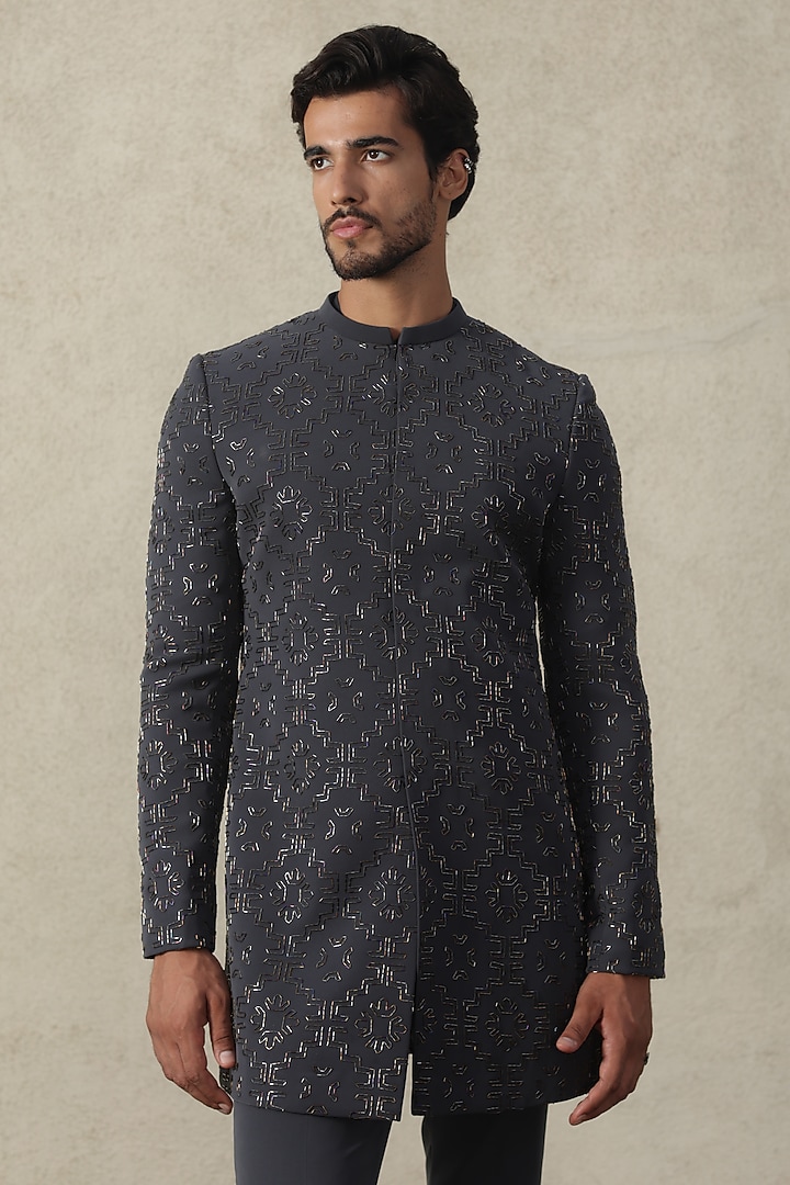 Dark Grey Viscose Polyester Metallic Embroidered Indowestern Groom Bandhgala Set by TISASTUDIO at Pernia's Pop Up Shop