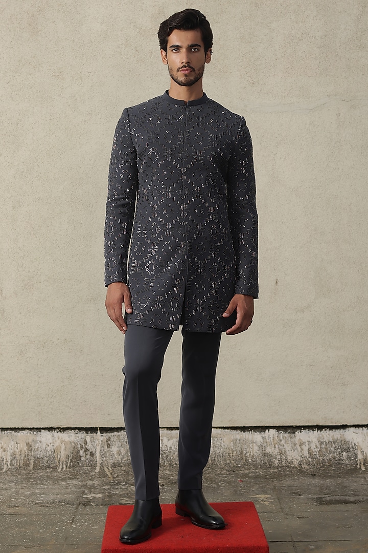 Dark Grey Viscose Polyester Metallic Embroidered Indowestern Bandhgala Set by TISASTUDIO