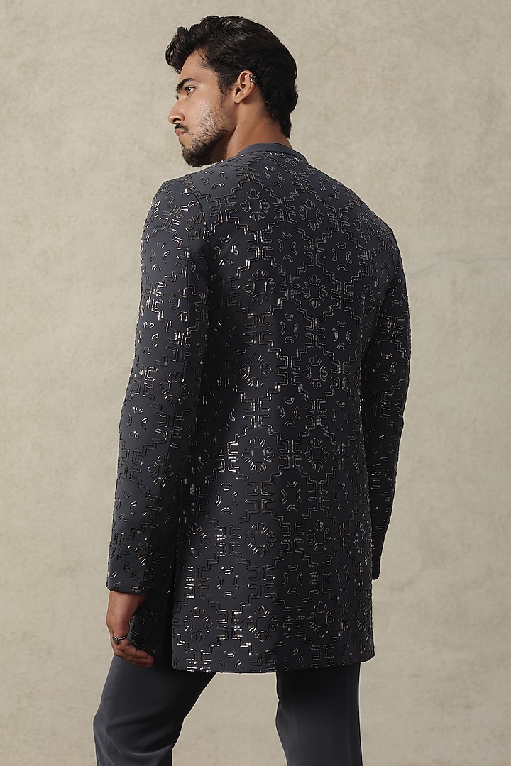 Dark Grey Viscose Polyester Metallic Embroidered Indowestern Groom Bandhgala Set by TISASTUDIO at Pernia's Pop Up Shop
