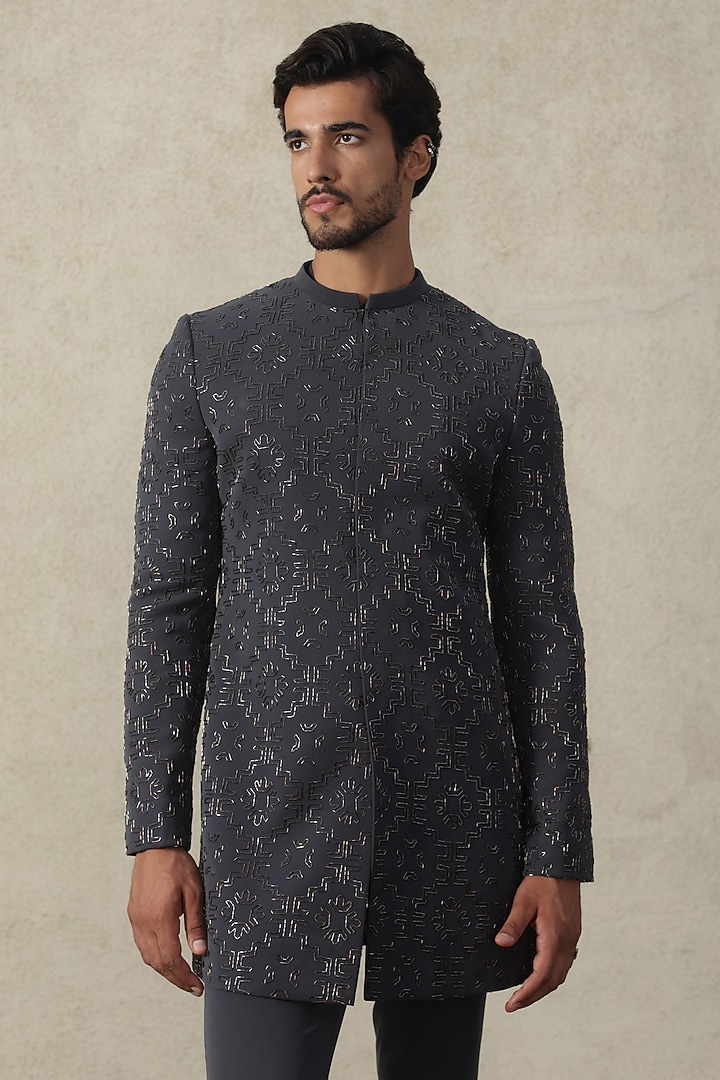 Dark Grey Viscose Polyester Metallic Embroidered Indowestern Groom Bandhgala Set by TISASTUDIO at Pernia's Pop Up Shop