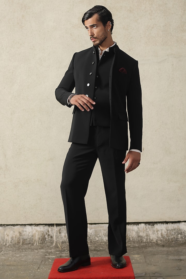 Black Viscose Polyester Bandhgala Set by TISASTUDIO