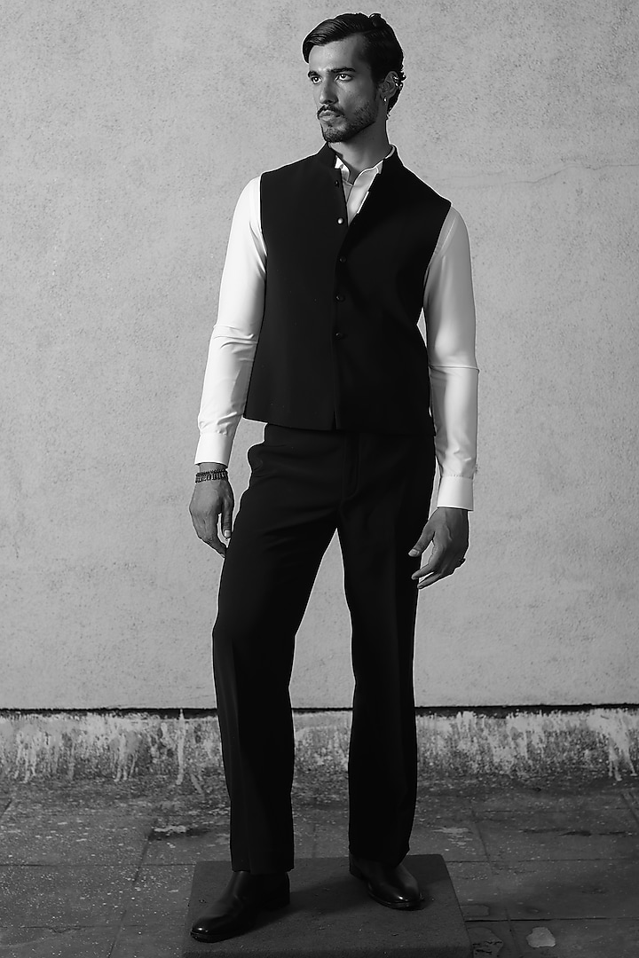 Black Viscose Polyester Groom Bandhgala Set by TISASTUDIO at Pernia's Pop Up Shop