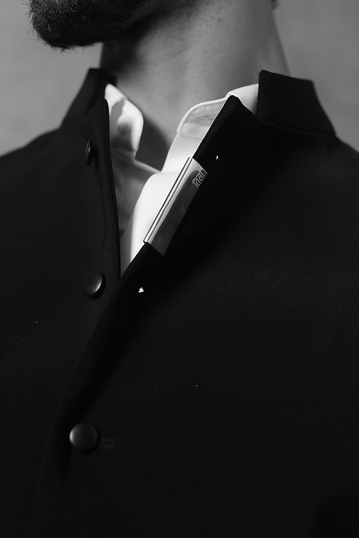 Black Viscose Polyester Groom Bandhgala Set by TISASTUDIO at Pernia's Pop Up Shop