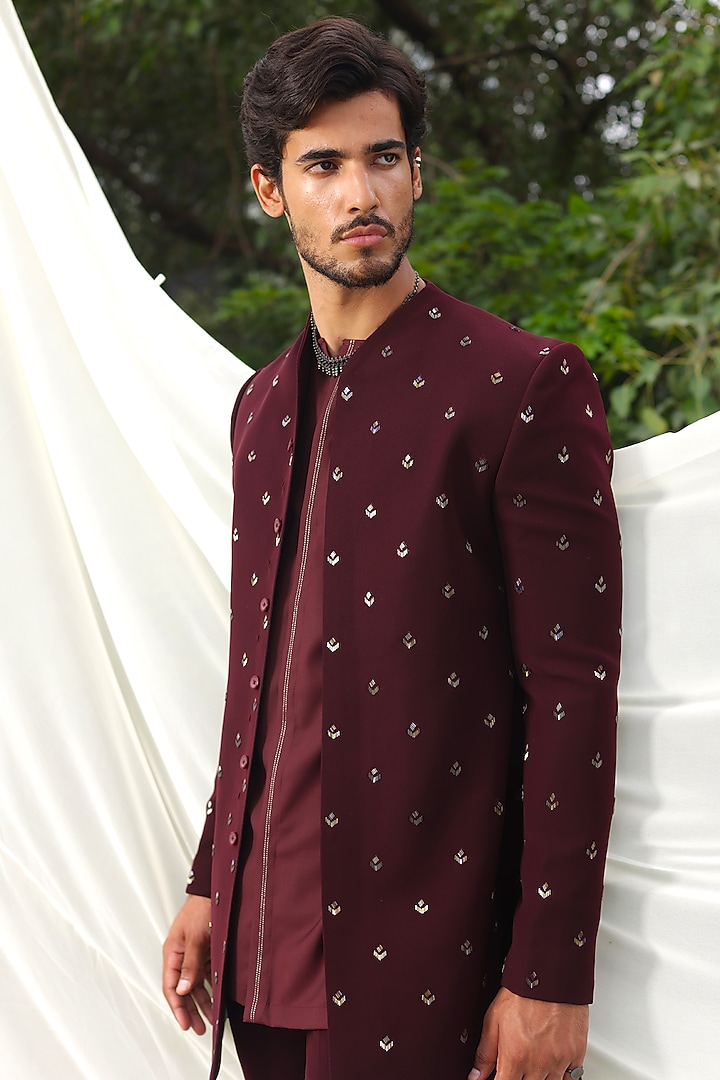 Burgundy Viscose Polyester Embroidered Groom Bandhgala Set by TISASTUDIO at Pernia's Pop Up Shop