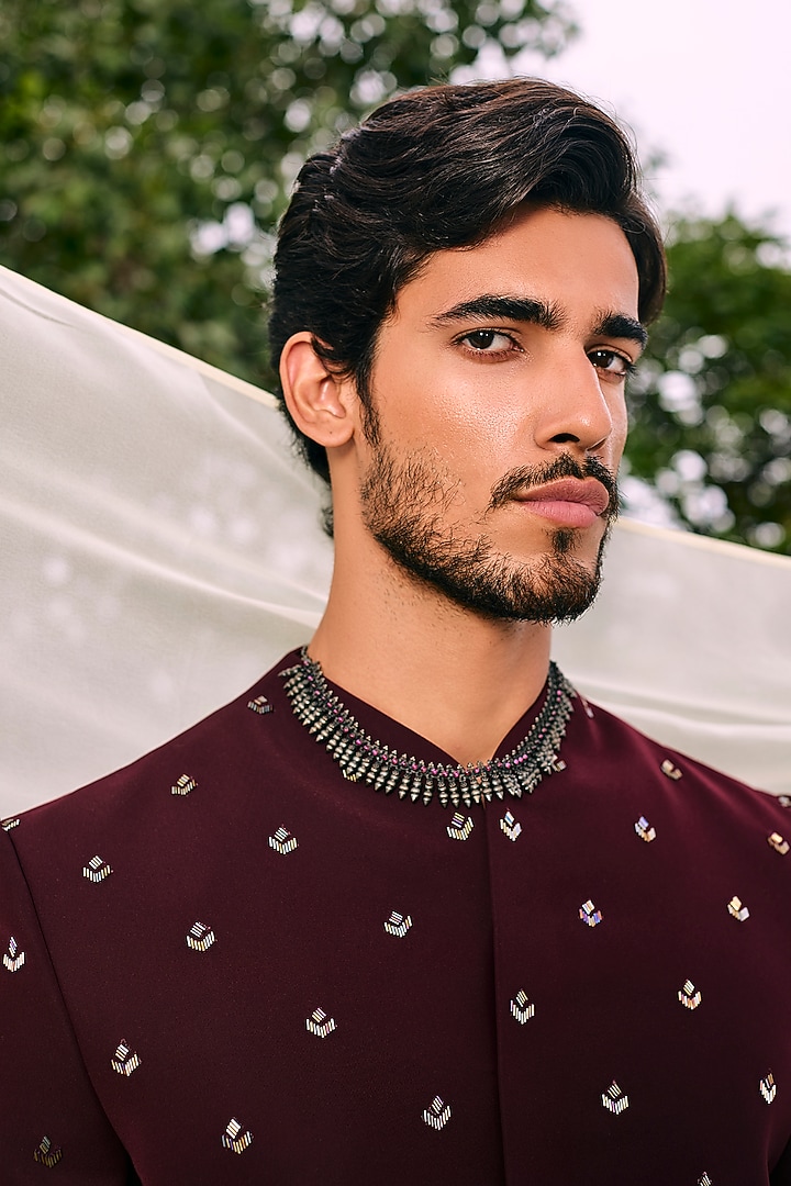 Burgundy Viscose Polyester Embroidered Groom Bandhgala Set by TISASTUDIO at Pernia's Pop Up Shop