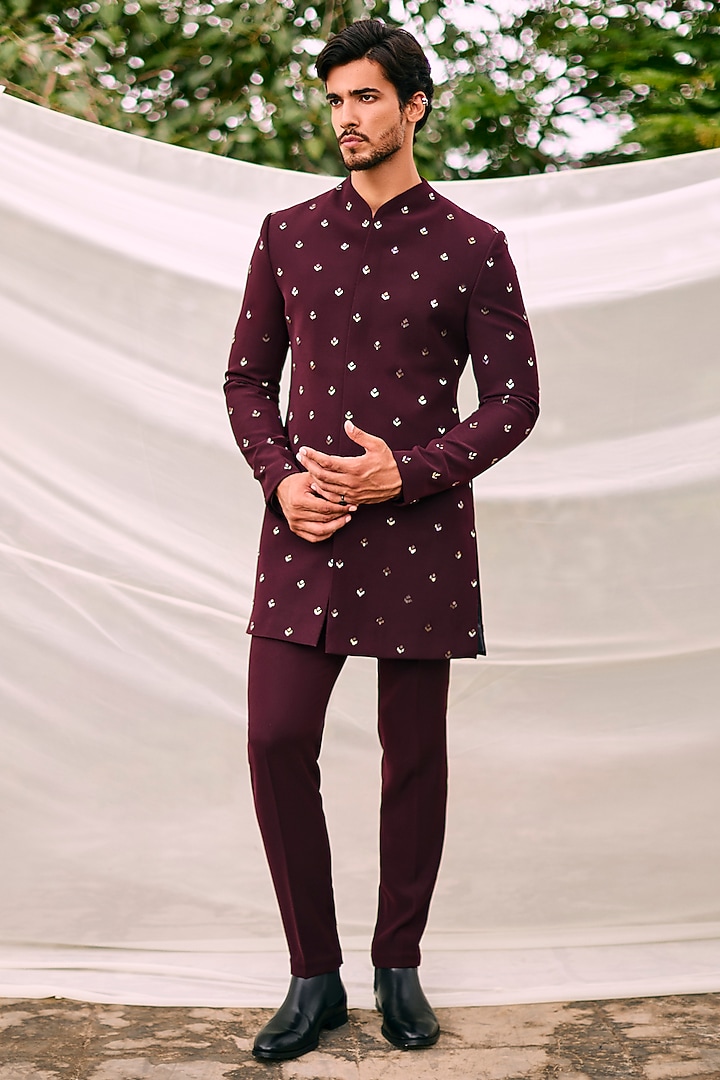 Burgundy Viscose Polyester Embroidered Bandhgala Set by TISASTUDIO